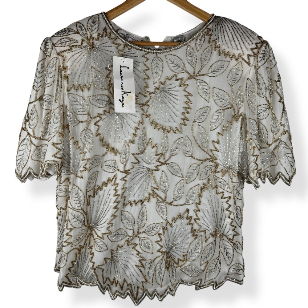 Laurence Kazar Vintage Silk Hand Beaded Top Womens Size 1X Glam Deadstock 90s